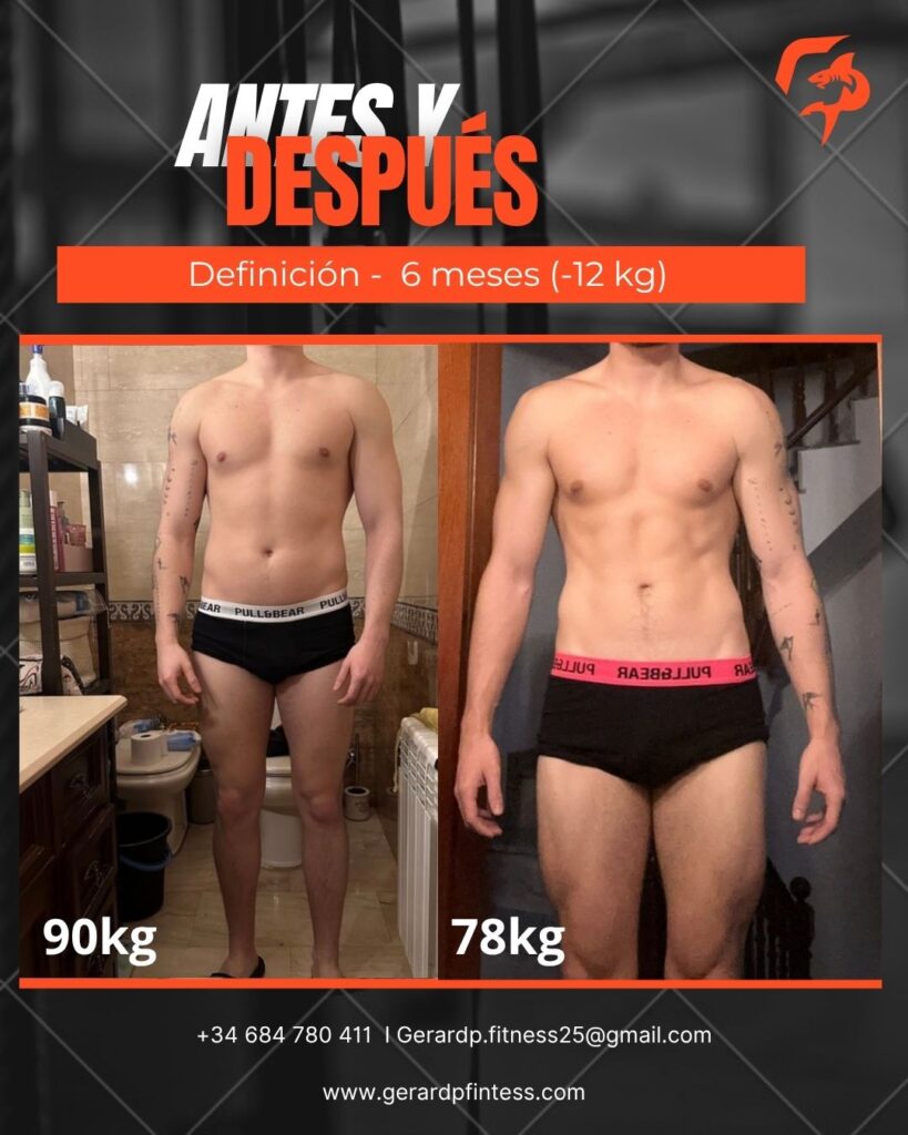 Antes y después: definición en 6 meses, de 90 kg a 78 kg