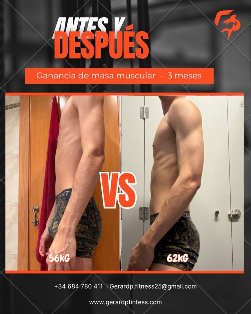 Antes y después: ganancia de masa muscular en 3 meses, de 56 kg a 62 kg