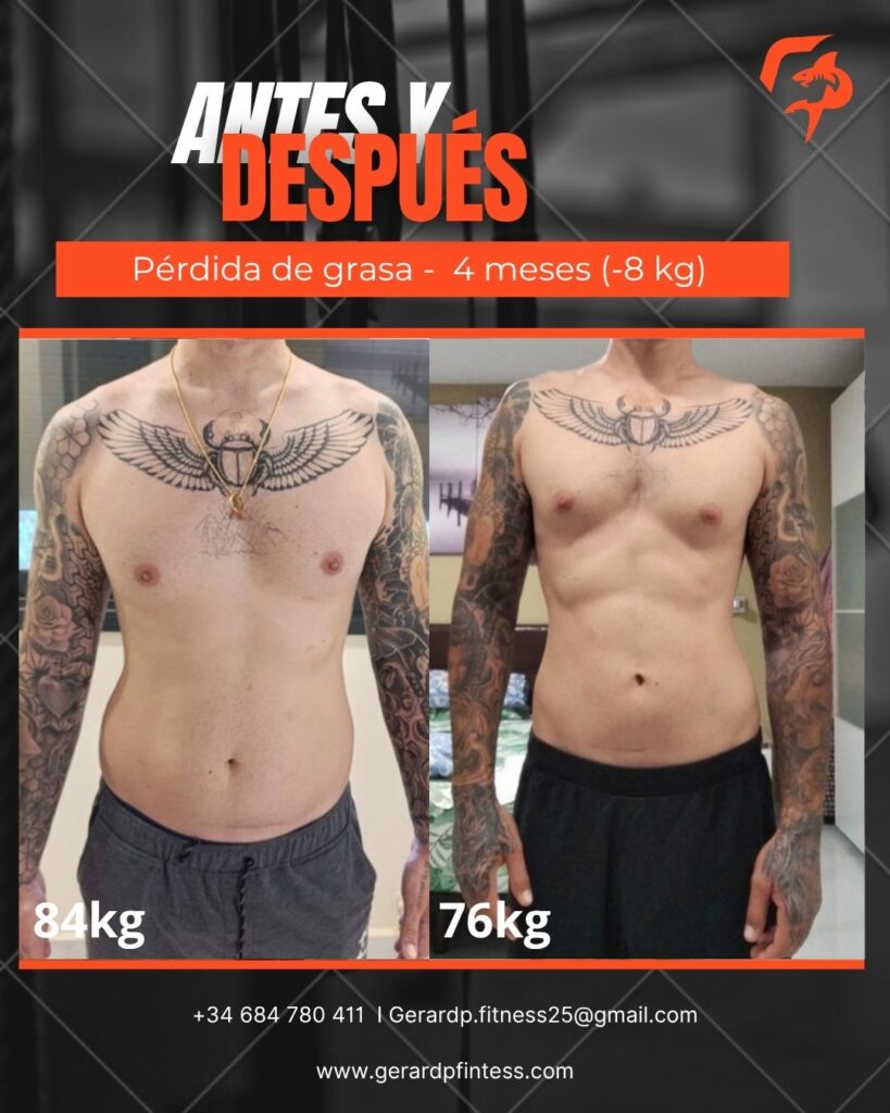 Antes y después: pérdida de grasa en 4 meses, de 84 kg a 76 kg