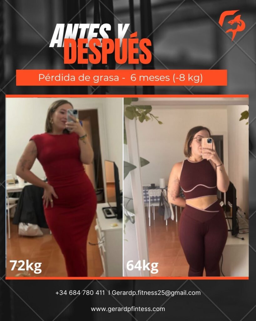 Antes y después: pérdida de grasa en 6 meses, de 72 kg a 64 kg