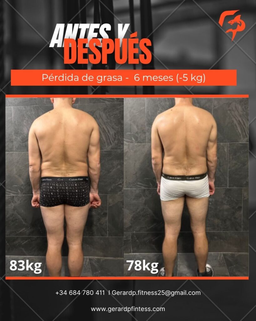 Antes y después: pérdida de grasa en 6 meses, de 83 kg a 78 kg
