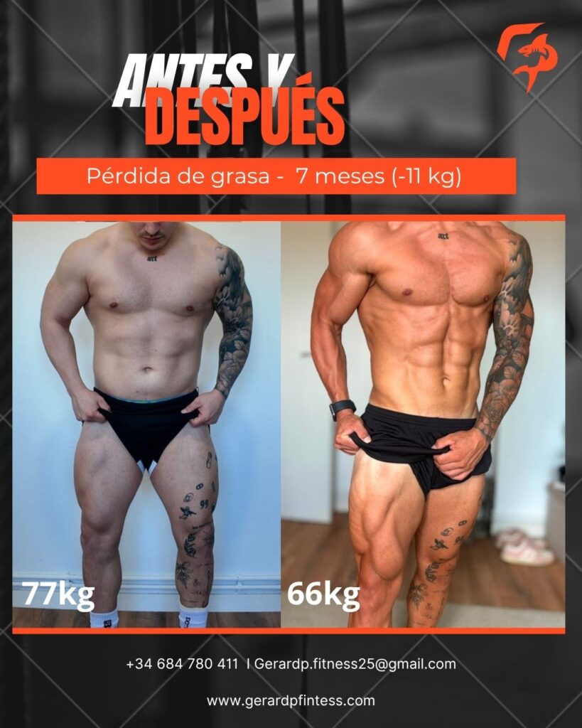 Antes y después: pérdida de grasa en 7 meses, de 77 kg a 66 kg